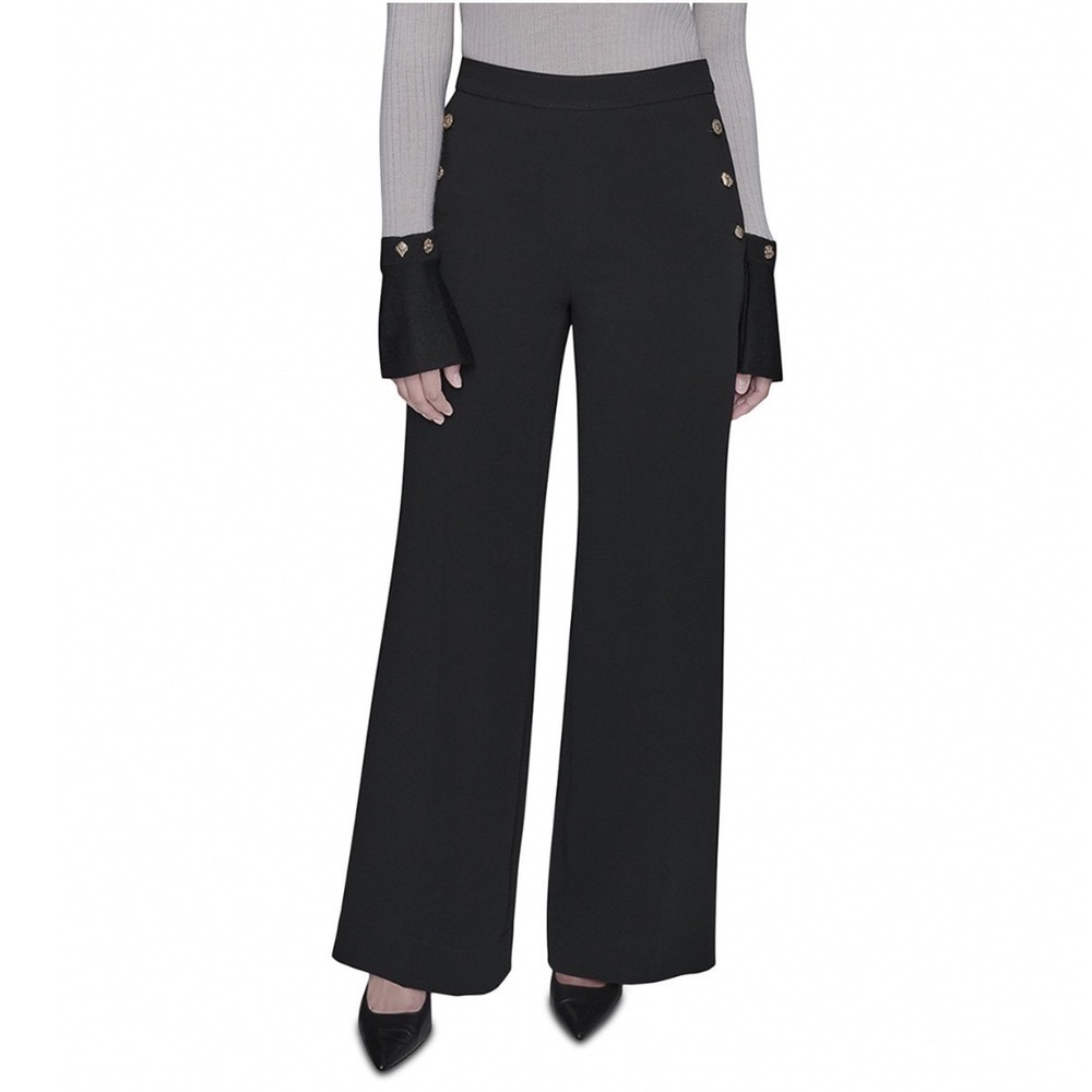 Karl Lagerfeld Paris Black Sailor Button Flare Pants High Rise Side Zip 14